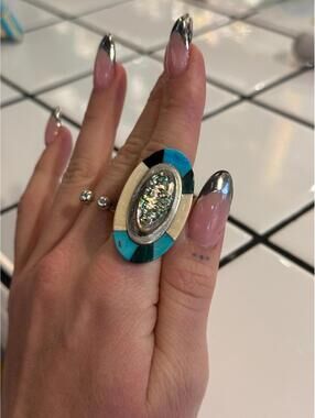 Vintage Zuni Sterling Silver Ring Abalone Turquoise Onyx Shell Harry Bert